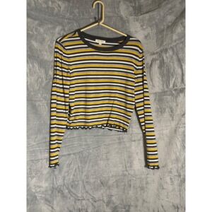 Ultra Flirt Striped Lettuce Hem Long Sleeve Knit Top Yellow Grey White size L